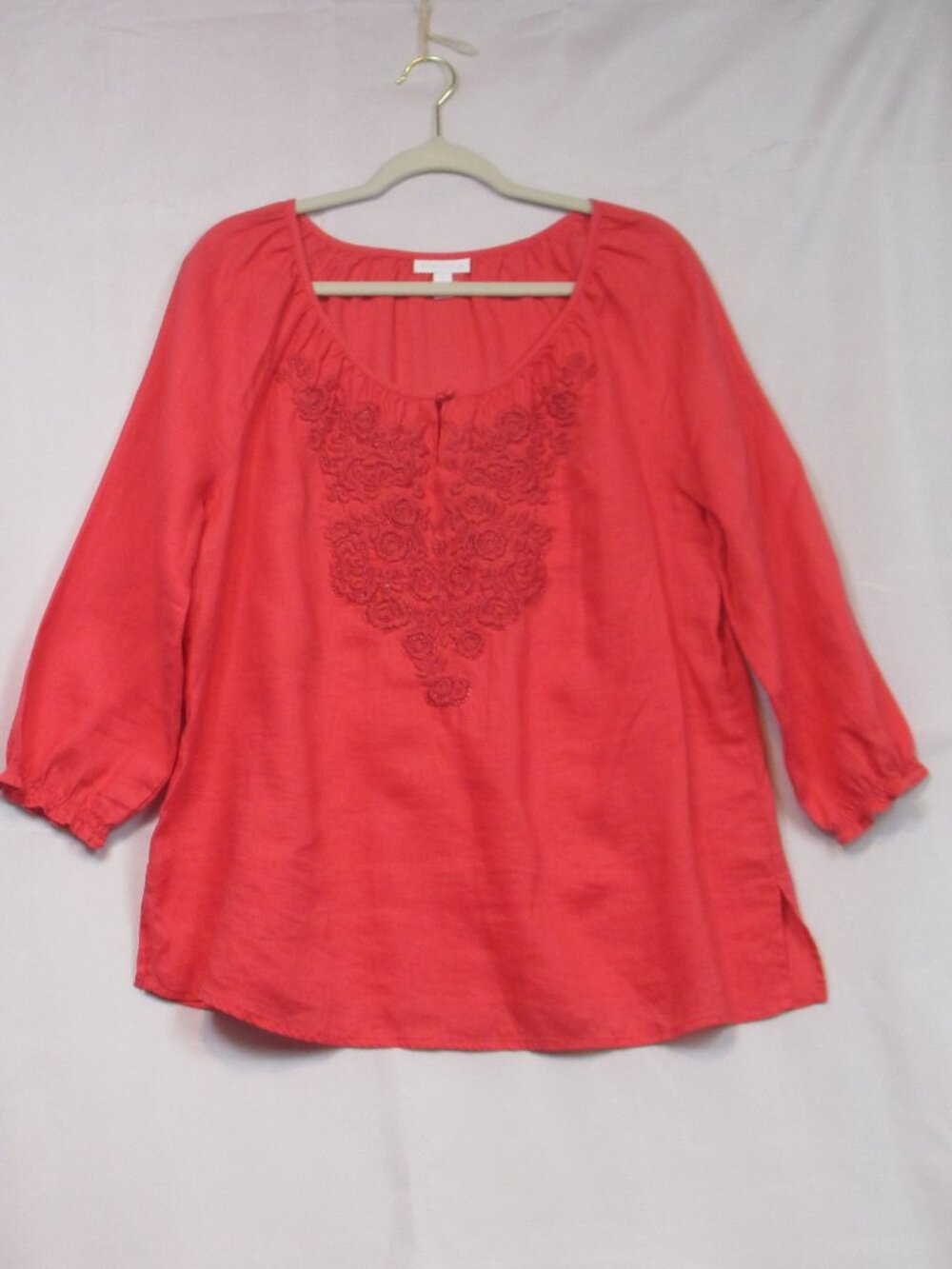 Charter Club Linen Embroidered Beaded Peasant Blouse Coral Women's Size Large